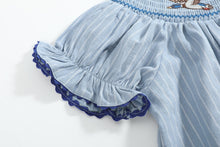 Load image into Gallery viewer, Blue Pinstripe Mallard Duck Smocked Bishop Dress