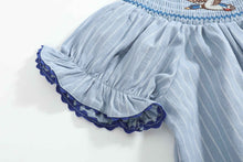 Load image into Gallery viewer, Blue Pinstripe Mallard Duck Smocked Bishop Dress