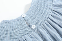 Load image into Gallery viewer, Blue Pinstripe Mallard Duck Smocked Bishop Dress