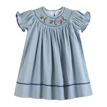 Load image into Gallery viewer, Blue Pinstripe Mallard Duck Smocked Bishop Dress