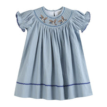 Load image into Gallery viewer, Blue Pinstripe Mallard Duck Smocked Bishop Dress