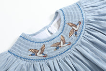 Load image into Gallery viewer, Blue Pinstripe Mallard Duck Smocked Bishop Dress
