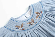 Load image into Gallery viewer, Blue Pinstripe Mallard Duck Smocked Bishop Dress