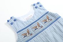 Load image into Gallery viewer, Blue Pinstripe Mallard Duck Smocked Overalls