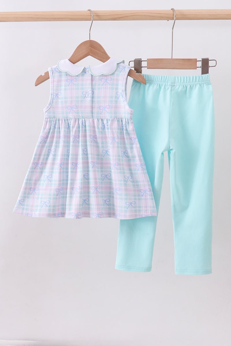 Blue plaid bow floral pants set - Abbies Place