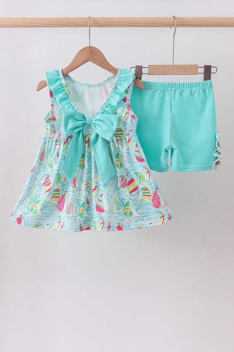 Blue sailboat print ruffle shorts set - Abbies Place