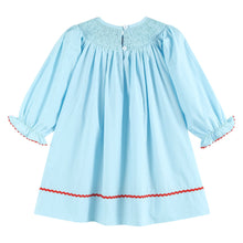 Load image into Gallery viewer, Blue Santa Smocked Bishop Dress