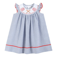 Load image into Gallery viewer, Blue Seersucker Baseball Smocked Bishop Dress