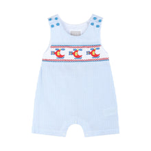 Load image into Gallery viewer, Blue Seersucker Helicopter Smocked Shortalls