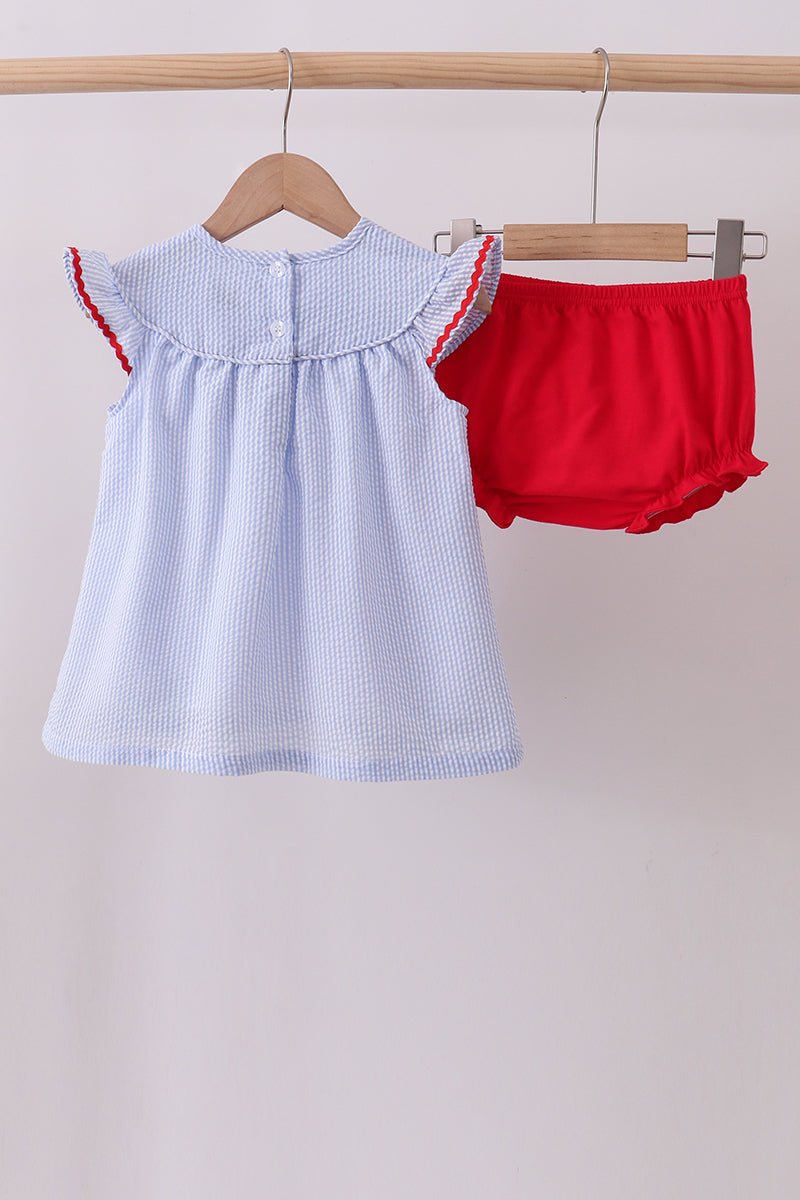 Blue stripe bow fireworks embroidery bloomer set - Abbies Place
