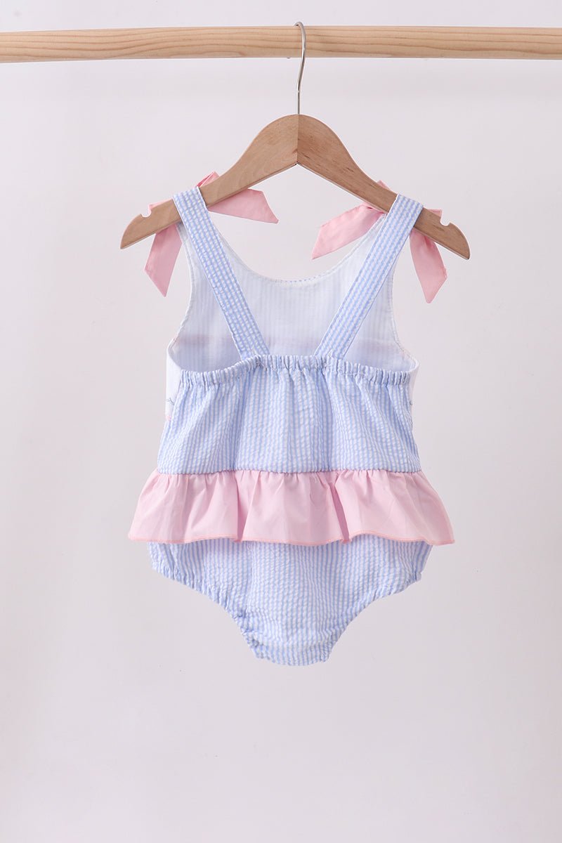 Blue stripe seersucker crab embroidery swimsuit - Abbies Place
