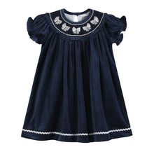 Load image into Gallery viewer, Blue Velvet Silver Bows Smocked Ruffle Bishop Dress