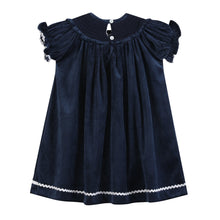 Load image into Gallery viewer, Blue Velvet Silver Bows Smocked Ruffle Bishop Dress