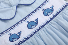Load image into Gallery viewer, Blue Whale Smocked Collared Bubble Romper