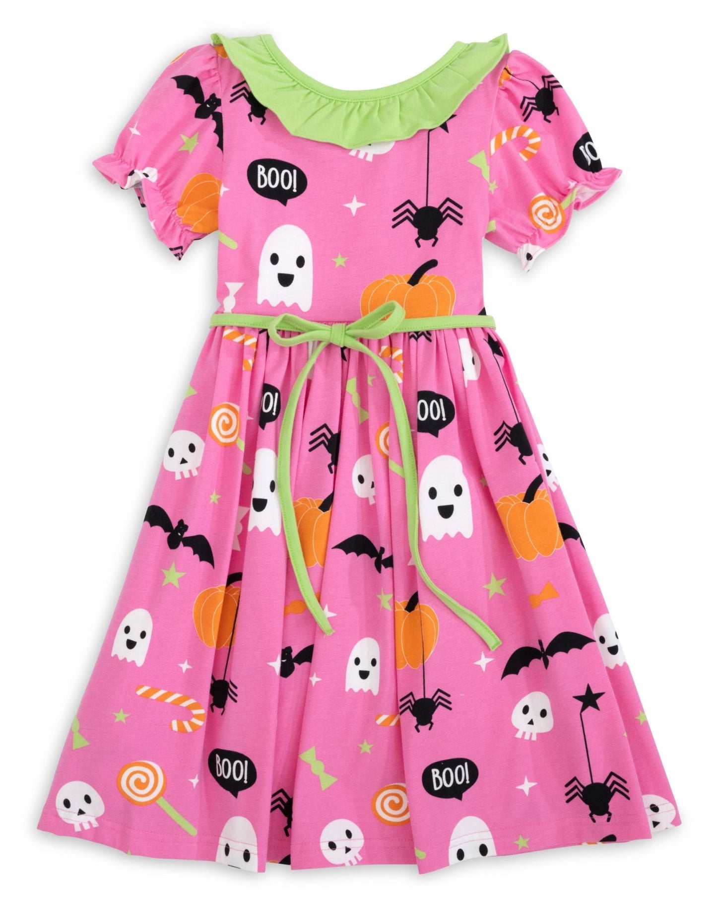 Boo! Pink Knit Halloween Print Swing Dress with Lime Green Ruffle Collar - Abbies Place