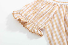 Load image into Gallery viewer, Brown Gingham Football Smocked Bishop Dress
