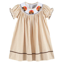 Load image into Gallery viewer, Brown Gingham Turkey Smocked Bishop Dress