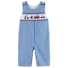 Load image into Gallery viewer, Dark Blue Gingham Emergency Vehicle Smocked Overalls