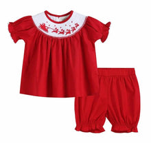 Load image into Gallery viewer, Red Christmas Santa and Sleigh Smocked Top and Bloomers - Image #1