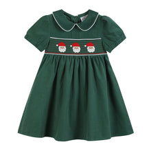 Load image into Gallery viewer, Green Corduroy Santa Smocked Dress