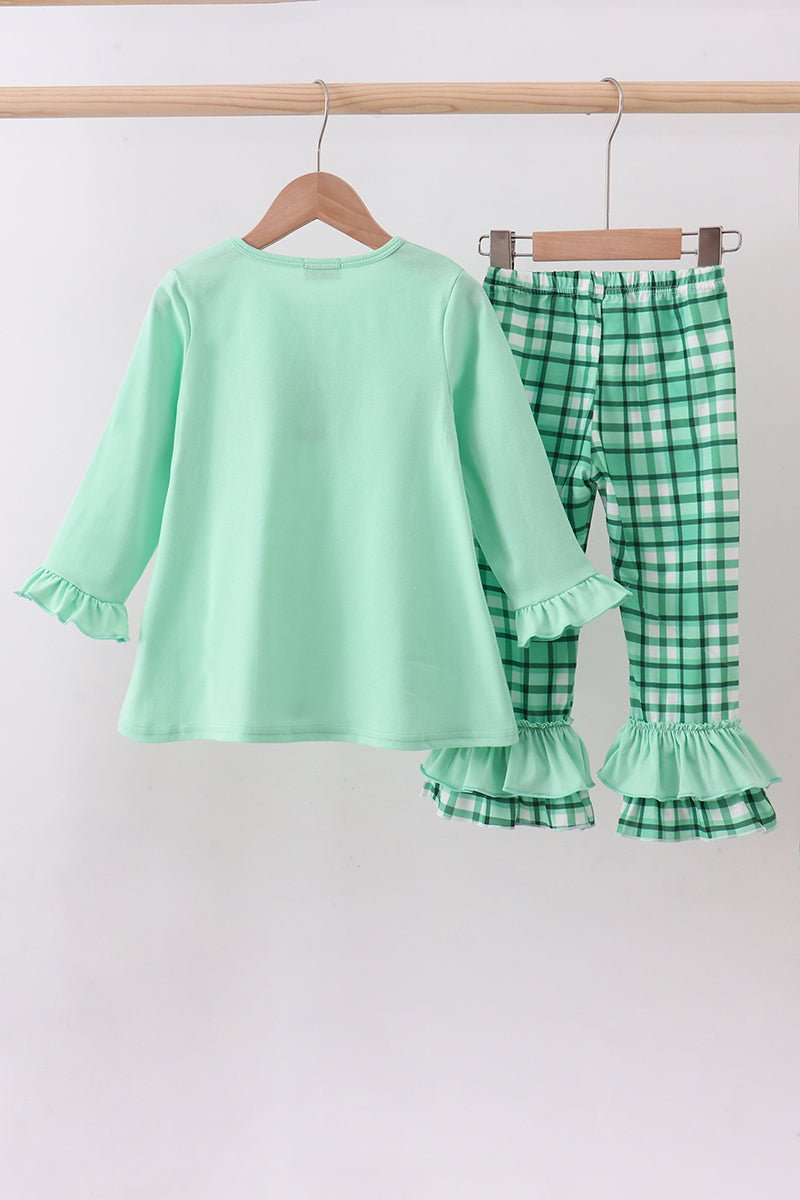 Green parade embroidery ruffle gingham pants set - Abbies Place