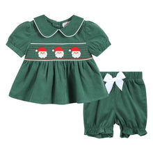 Load image into Gallery viewer, Green Corduroy Santa Smocked Dress and Bloomers