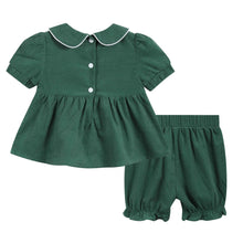 Load image into Gallery viewer, Green Corduroy Santa Smocked Dress and Bloomers