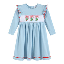 Load image into Gallery viewer, Light Blue Christmas Tree Smocked Knit Dress