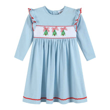 Load image into Gallery viewer, Light Blue Christmas Tree Smocked Knit Dress