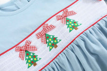 Load image into Gallery viewer, Light Blue Christmas Tree Smocked Knit Dress