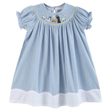 Load image into Gallery viewer, Light Blue Nativity Smocked Bishop Sleeve Dress