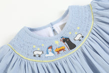 Load image into Gallery viewer, Light Blue Nativity Smocked Bishop Sleeve Dress