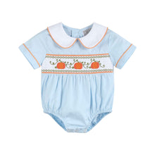 Load image into Gallery viewer, Light Blue Pumpkin Vine Smocked Collared Romper