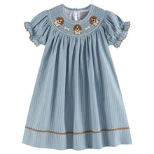 Load image into Gallery viewer, Light Blue Puppy Smocked Bishop Dress