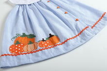 Load image into Gallery viewer, Light Blue Seersucker Pumpkin Yoke Dress