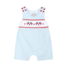 Load image into Gallery viewer, Light Blue USA Flag Smocked Shortalls