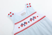 Load image into Gallery viewer, Light Blue USA Flag Smocked Shortalls