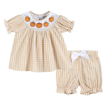 Load image into Gallery viewer, Light Brown Gingham Pumpkin Vine Dress and Bloomer Set
