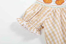 Load image into Gallery viewer, Light Brown Gingham Pumpkin Vine Dress and Bloomer Set