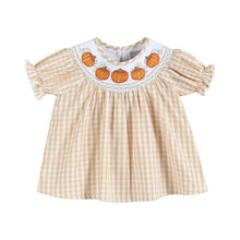 Load image into Gallery viewer, Light Brown Gingham Pumpkin Vine Dress and Bloomer Set