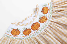 Load image into Gallery viewer, Light Brown Gingham Pumpkin Vine Dress and Bloomer Set