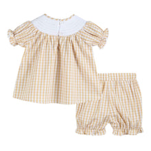 Load image into Gallery viewer, Light Brown Gingham Pumpkin Vine Dress and Bloomer Set