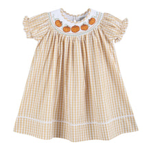 Load image into Gallery viewer, Light Brown Gingham Pumpkin Vine Smocked Bishop Dress