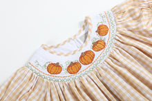 Load image into Gallery viewer, Light Brown Gingham Pumpkin Vine Smocked Bishop Dress