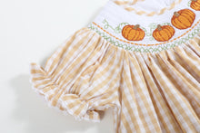 Load image into Gallery viewer, Light Brown Gingham Pumpkin Vine Smocked Bishop Dress