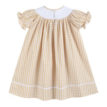 Load image into Gallery viewer, Light Brown Gingham Pumpkin Vine Smocked Bishop Dress