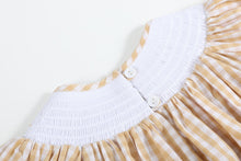 Load image into Gallery viewer, Light Brown Gingham Pumpkin Vine Smocked Bishop Dress