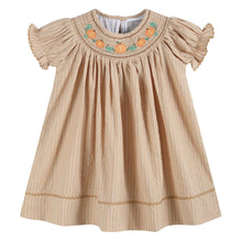 Load image into Gallery viewer, Light Brown Pinstripe Pumpkin Smocked Bishop Dress