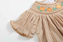Load image into Gallery viewer, Light Brown Pinstripe Pumpkin Smocked Bishop Dress