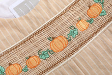 Load image into Gallery viewer, Light Brown Pinstripe Pumpkin Smocked Overalls